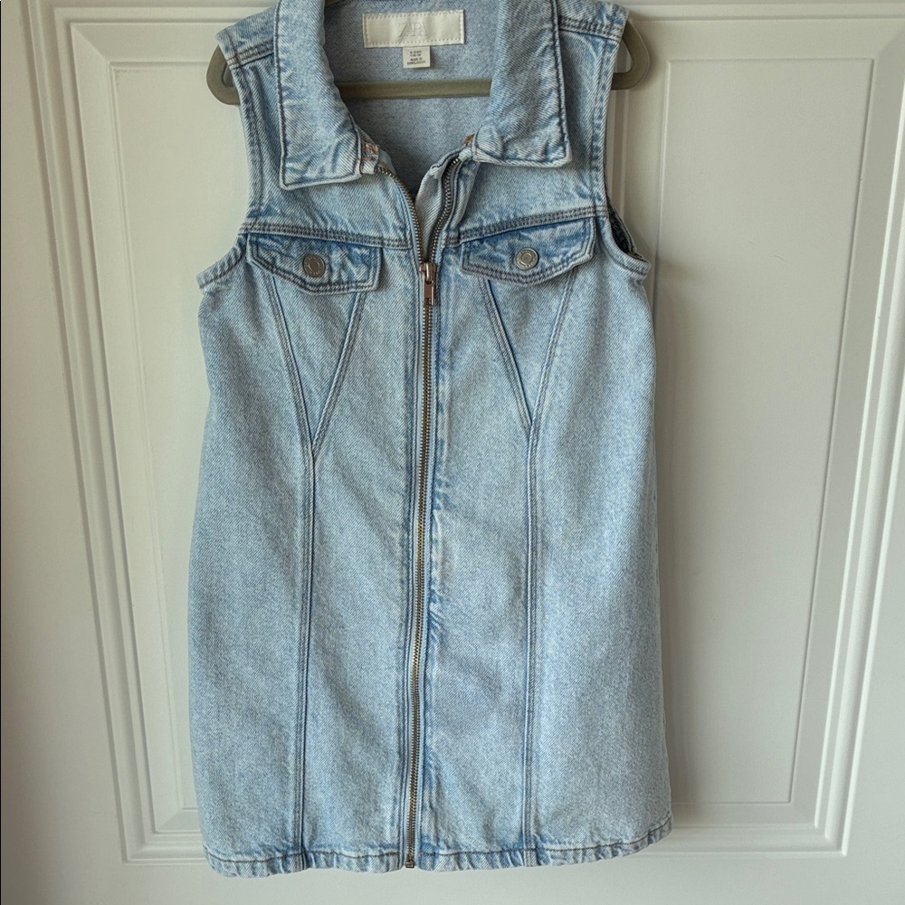 Zara Light Blue Denim Zip-Front Vest Dress